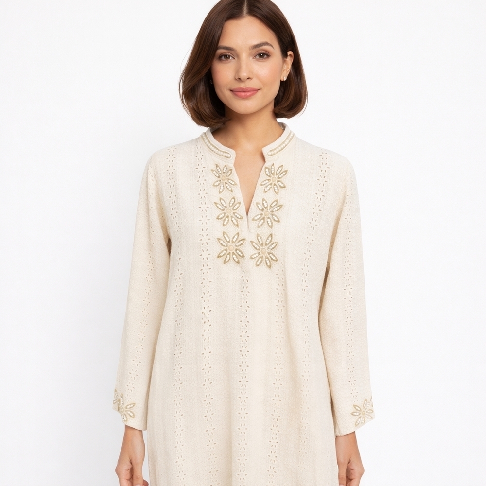 Vintage Ivory Pearl Embellished Tunic Dress  Long Sleeve Kurts L